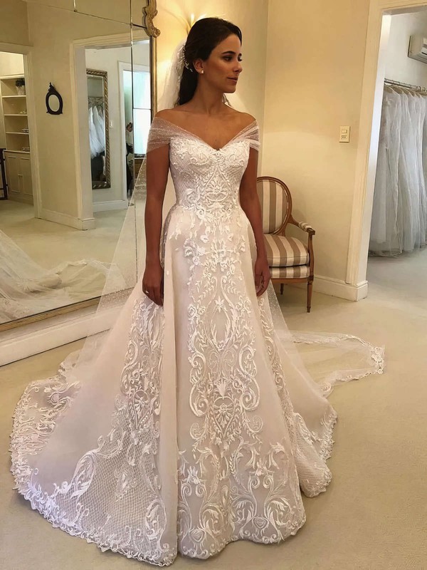 Tulle Off-the-shoulder Sweep Train Ball Gown Appliques Lace Wedding Dresses #PWD00023581