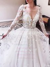 Tulle V-neck Floor-length A-line Beading Wedding Dresses #PWD00023584