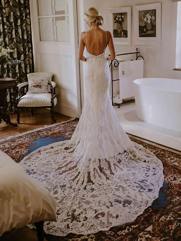 Lace Sweetheart Court Train Sheath/Column Sashes / Ribbons Wedding Dresses #PWD00023585
