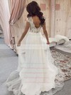 Tulle V-neck Sweep Train A-line Appliques Lace Wedding Dresses #PWD00023588