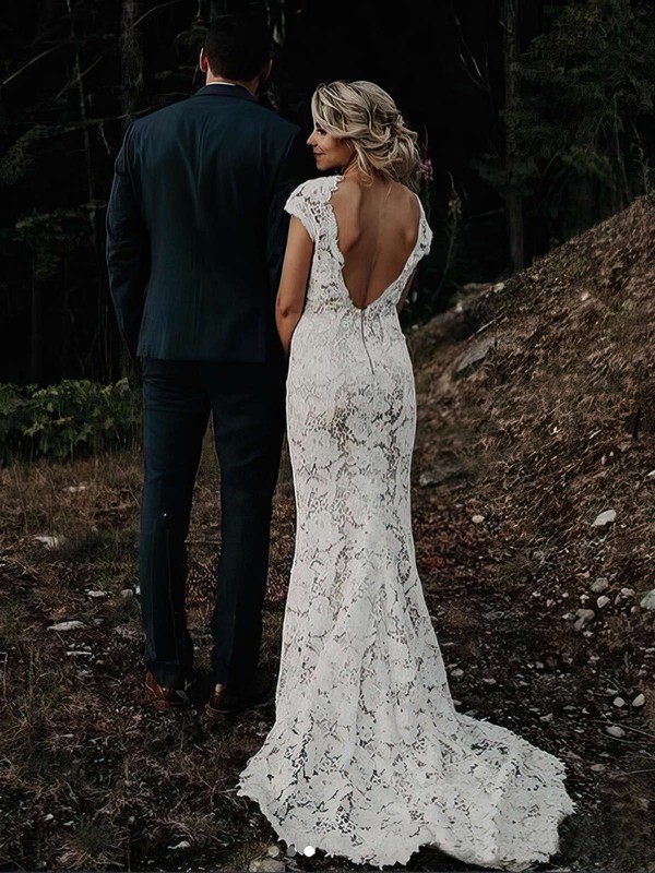 Lace V-neck Sweep Train Trumpet/Mermaid Lace Wedding Dresses #PWD00023590