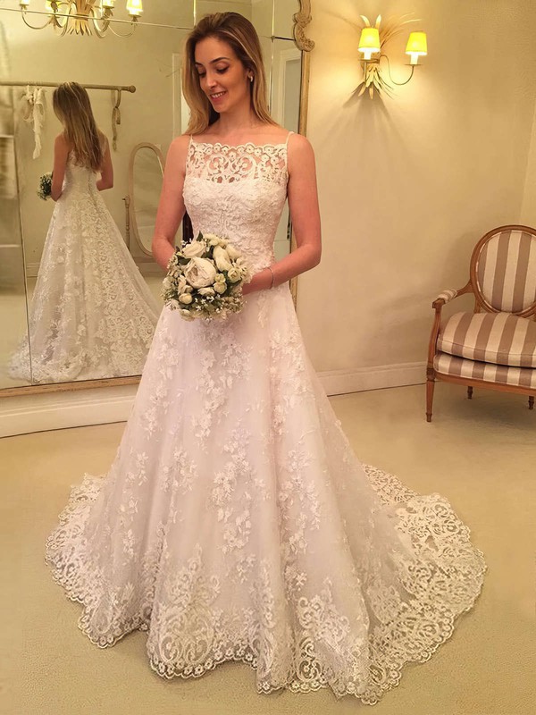 Tulle Square Neckline Sweep Train Princess Appliques Lace Wedding Dresses #PWD00023591