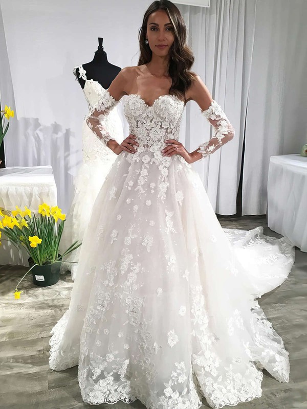 Tulle Off-the-shoulder Court Train Ball Gown Appliques Lace Wedding Dresses #PWD00023593
