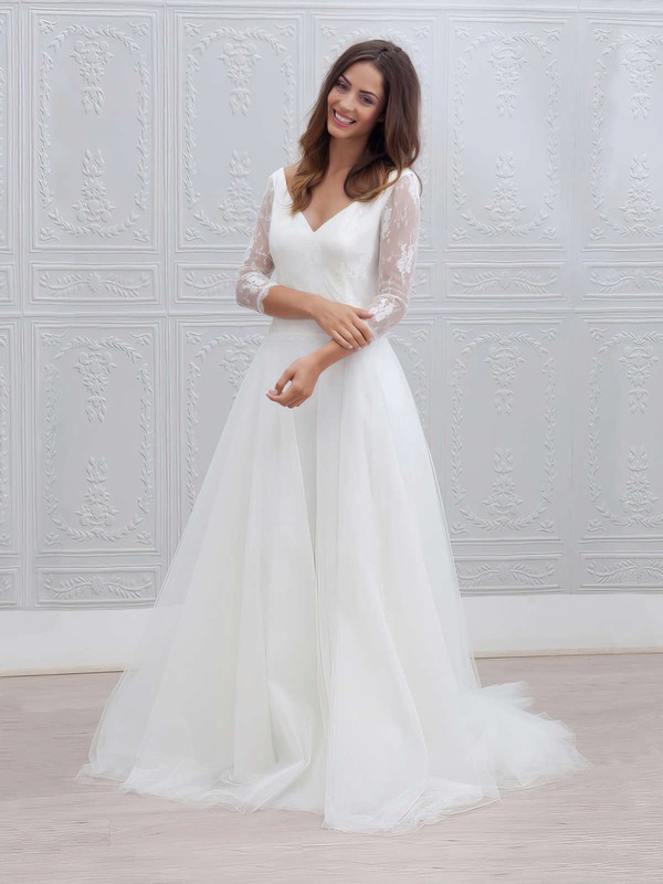 Lace Tulle V-neck Sweep Train A-line Wedding Dresses #PWD00023595