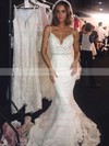 Tulle V-neck Sweep Train Trumpet/Mermaid Appliques Lace Wedding Dresses #PWD00023596