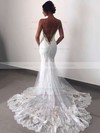 Tulle V-neck Sweep Train Trumpet/Mermaid Appliques Lace Wedding Dresses #PWD00023596