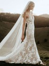 Tulle V-neck Sweep Train Trumpet/Mermaid Appliques Lace Wedding Dresses #PWD00023601
