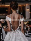 Tulle Scoop Neck Sweep Train A-line Beading Wedding Dresses #PWD00023602