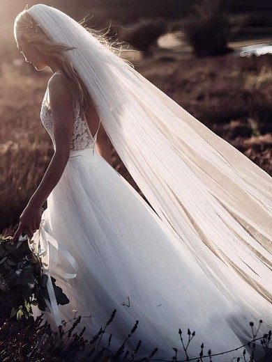 Tulle V-neck Floor-length A-line Appliques Lace Wedding Dresses #PWD00023606