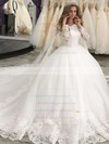 Tulle Off-the-shoulder Court Train Ball Gown Appliques Lace Wedding Dresses #PWD00023619