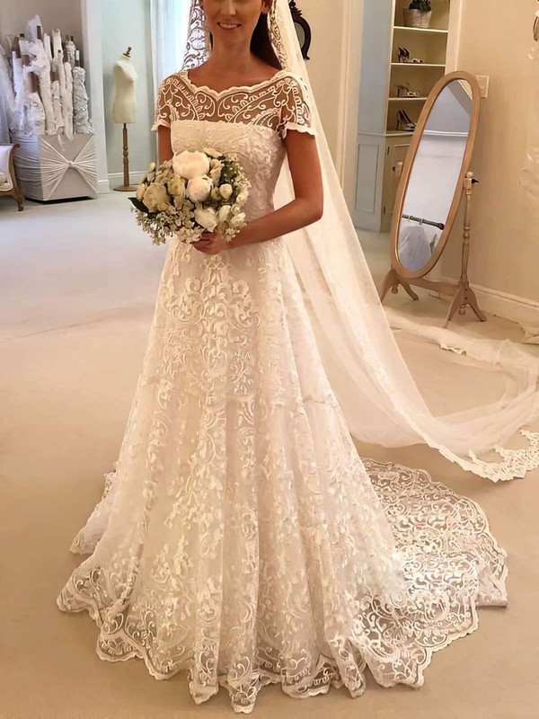 Lace Scoop Neck Sweep Train A-line Appliques Lace Wedding Dresses #PWD00023621