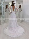 Lace V-neck Sweep Train A-line Sashes / Ribbons Wedding Dresses #PWD00023622