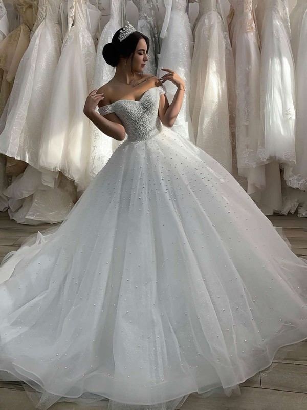 Tulle Off-the-shoulder Chapel Train Ball Gown Pearl Detailing Wedding Dresses #PWD00023625