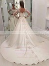 Satin V-neck Sweep Train Ball Gown Appliques Lace Wedding Dresses #PWD00023626