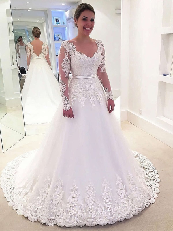 Tulle V-neck Sweep Train Ball Gown Appliques Lace Wedding Dresses #PWD00023632