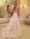Lace V-neck Sweep Train Princess Sashes / Ribbons Wedding Dresses #PWD00023633
