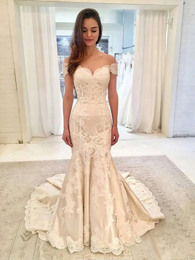 Satin Off-the-shoulder Sweep Train Trumpet/Mermaid Appliques Lace Wedding Dresses #PWD00023635