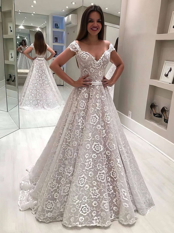 Lace Off-the-shoulder Floor-length Princess Sashes / Ribbons Wedding Dresses #PWD00023636