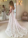 Lace Off-the-shoulder Sweep Train A-line Buttons Wedding Dresses #PWD00023637
