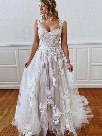 Tulle Sweetheart Sweep Train A-line Appliques Lace Wedding Dresses #PWD00023638