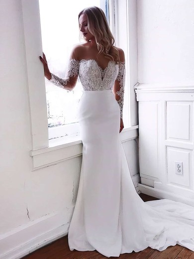 Stretch Crepe Scoop Neck Sweep Train Trumpet/Mermaid Appliques Lace Wedding Dresses #PWD00023643