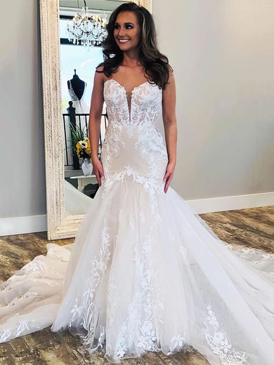 Tulle Sweetheart Court Train Trumpet/Mermaid Appliques Lace Wedding Dresses #PWD00023645