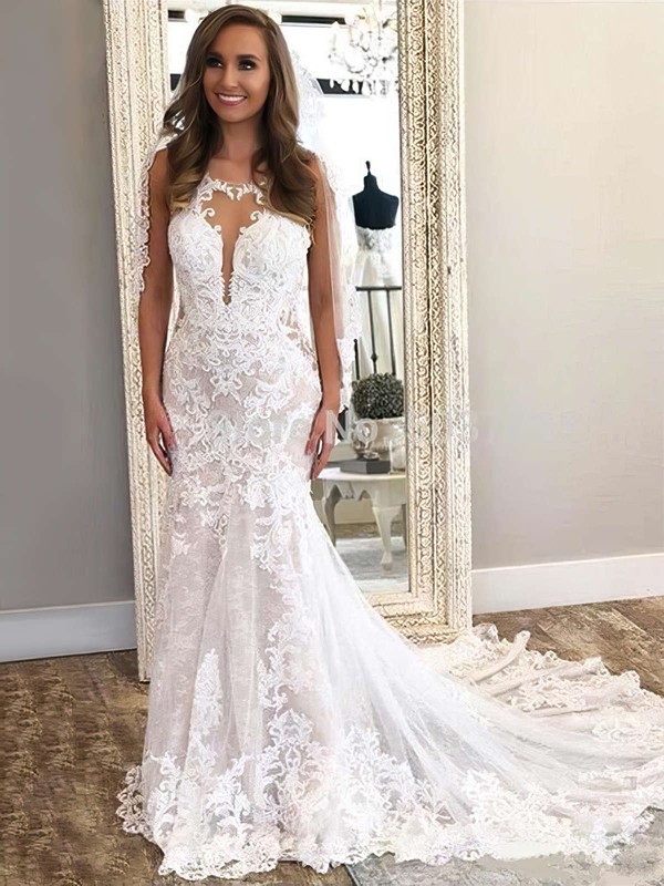 Tulle Scoop Neck Sweep Train Trumpet/Mermaid Appliques Lace Wedding Dresses #PWD00023646