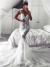 Tulle V-neck Court Train Trumpet/Mermaid Appliques Lace Wedding Dresses #PWD00023647
