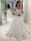 Tulle V-neck Sweep Train Princess Appliques Lace Wedding Dresses #PWD00023651