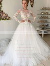 Tulle Scoop Neck Chapel Train Ball Gown Appliques Lace Wedding Dresses #PWD00023653