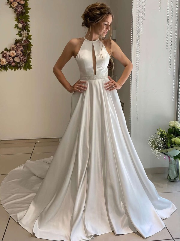 Satin Scoop Neck Sweep Train Ball Gown Beading Wedding Dresses #PWD00023655