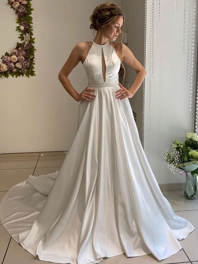 Satin Scoop Neck Sweep Train Ball Gown Beading Wedding Dresses #PWD00023655
