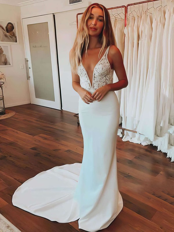 Stretch Crepe V-neck Sweep Train Trumpet/Mermaid Appliques Lace Wedding Dresses #PWD00023657