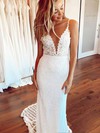 Lace V-neck Sweep Train Trumpet/Mermaid Appliques Lace Wedding Dresses #PWD00023658