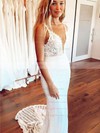 Lace V-neck Sweep Train Trumpet/Mermaid Appliques Lace Wedding Dresses #PWD00023658