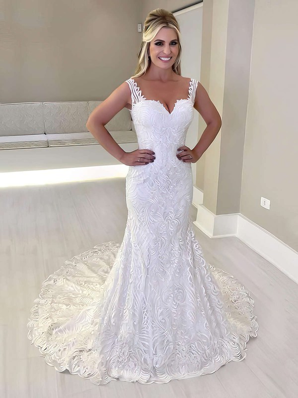 Lace Sweetheart Sweep Train Trumpet/Mermaid Appliques Lace Wedding Dresses #PWD00023659
