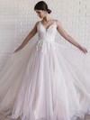 Tulle V-neck Sweep Train A-line Appliques Lace Wedding Dresses #PWD00023663
