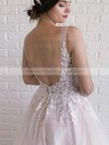 Tulle V-neck Sweep Train A-line Appliques Lace Wedding Dresses #PWD00023663