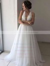 Tulle V-neck Sweep Train A-line Beading Wedding Dresses #PWD00023664