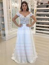 Chiffon Scoop Neck Sweep Train A-line Appliques Lace Wedding Dresses #PWD00023667
