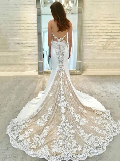 Stretch Crepe Lace Sweetheart Court Train Trumpet/Mermaid Appliques Lace Wedding Dresses #PWD00023669