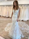 Tulle V-neck Court Train Trumpet/Mermaid Appliques Lace Wedding Dresses #PWD00023670