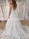 Tulle V-neck Sweep Train Princess Appliques Lace Wedding Dresses #PWD00023671