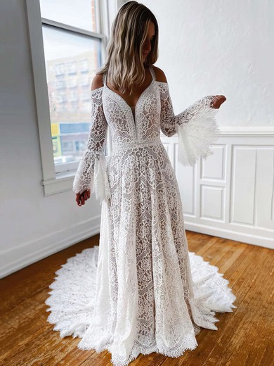 Lace V-neck Sweep Train A-line Wedding Dresses #PWD00023674