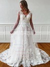 Tulle V-neck Sweep Train A-line Appliques Lace Wedding Dresses #PWD00023675