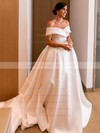 Satin Off-the-shoulder Court Train Ball Gown Pockets Wedding Dresses #PWD00023676