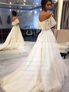 Tulle Off-the-shoulder Sweep Train Princess Appliques Lace Wedding Dresses #PWD00023678