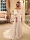 Chiffon Off-the-shoulder Sweep Train A-line Pleats Wedding Dresses #PWD00023686