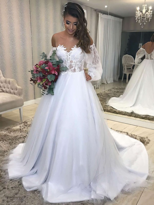 Tulle Off-the-shoulder Sweep Train Ball Gown Appliques Lace Wedding Dresses #PWD00023687