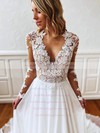 Chiffon V-neck Court Train A-line Appliques Lace Wedding Dresses #PWD00023691